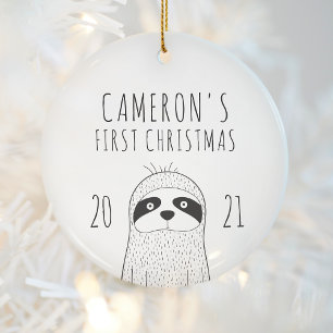 Cute Sloth Babys First Christmas Black White Ceramic Tree Decoration