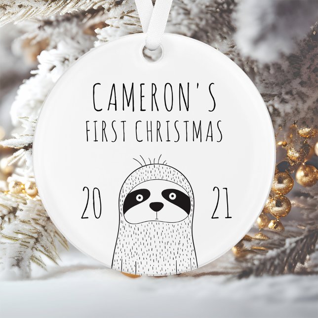 Cute Sloth Babys First Christmas Black White Ornament (Creator Uploaded)
