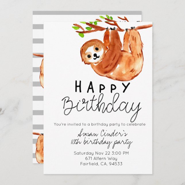 Cute sloth birthday kid party invite (Front/Back)