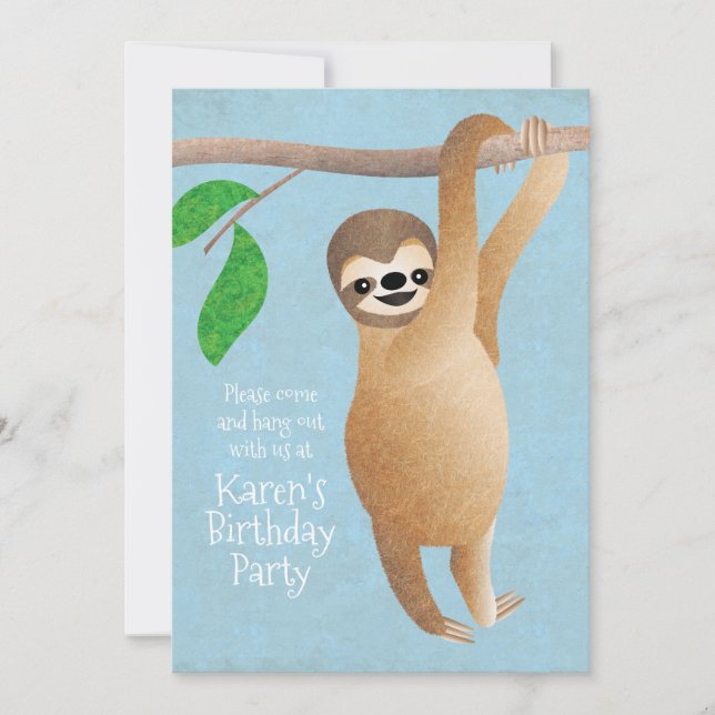 Cute Sloth Birthday Party Hang Out Blue Invitation (Front)