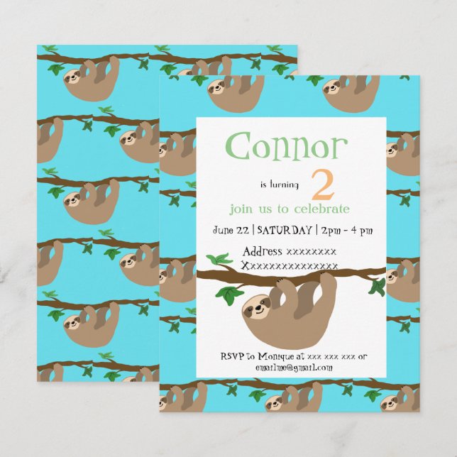 Cute Sloth, birthday party invitation (Front/Back)