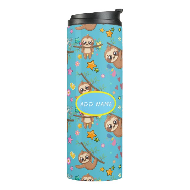 Cute Sloth Blue Pattern | Add Your Text Template Thermal Tumbler (Rotated Left)
