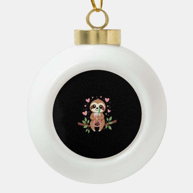 Cute Sloth Boba Bubble Milk Tea Kawaii Women Girls Ceramic Ball Christmas Ornament (Front)