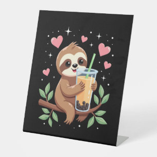 Cute Sloth Boba Bubble Milk Tea Kawaii Women Girls Pedestal Sign