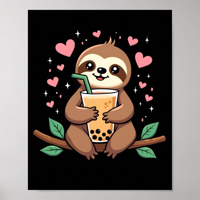 Cute Sloth Boba Bubble Milk Tea Kawaii Women Girls Poster (Front)