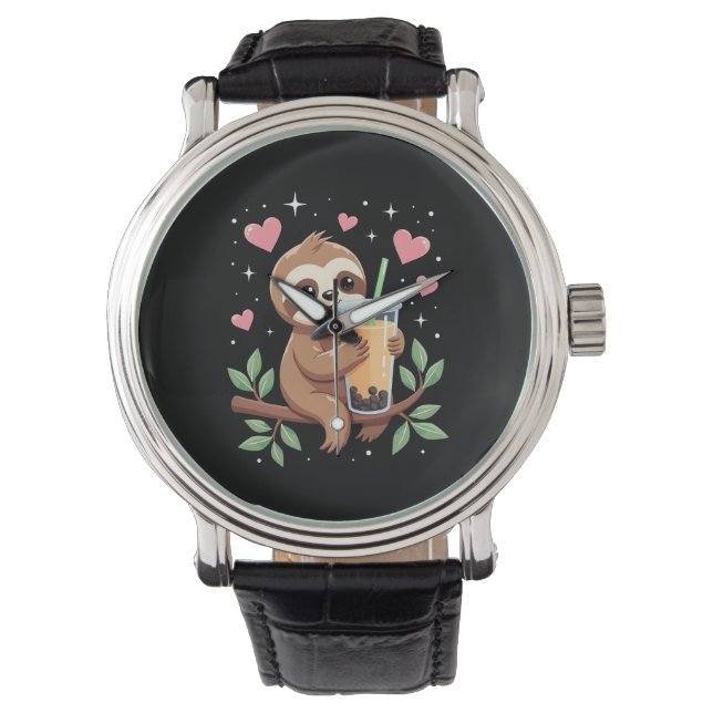 Cute Sloth Boba Bubble Milk Tea Kawaii Women Girls Watch (Front)