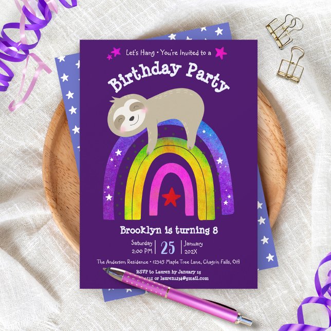 Cute Sloth Boho Rainbow Modern Birthday Purple Invitation (Creator Uploaded)
