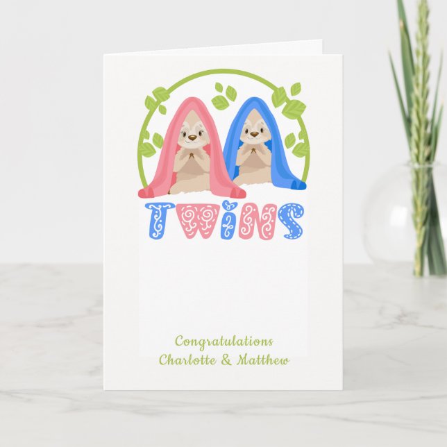 Cute Sloth Boy And Girl New Twin Babies Card (Front)