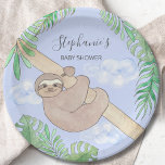 Cute Sloth Boy Baby Shower Paper Plate<br><div class="desc">This fun baby shower paper plate features a sweet,  smiling baby sloth hanging from a branch,  green watercolor jungle leaves,  and a blue background.
Easily customisable.
There are matching napkins in my store.
Original Watercolor © Michele Davies.</div>