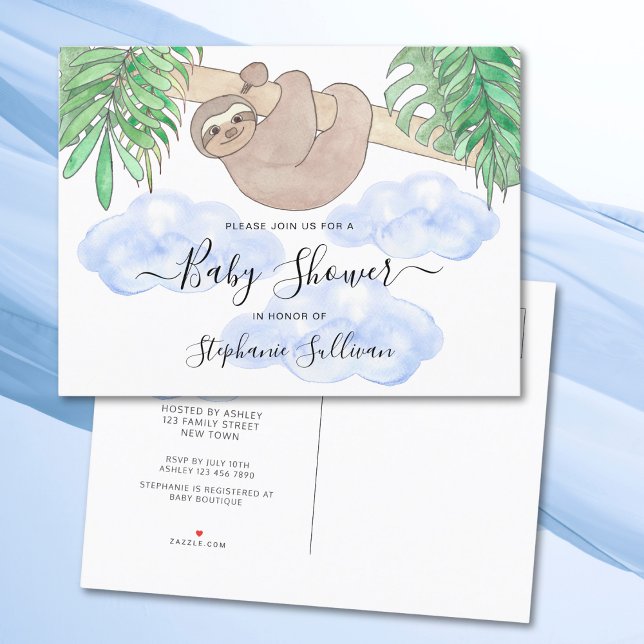 Cute Sloth Boy's Baby Shower  Invitation Postcard (Creator Uploaded)