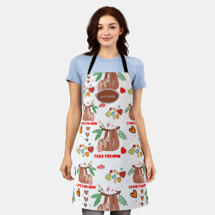 Cute Sloth Brown Pattern I Love You Mum Hearts Apron