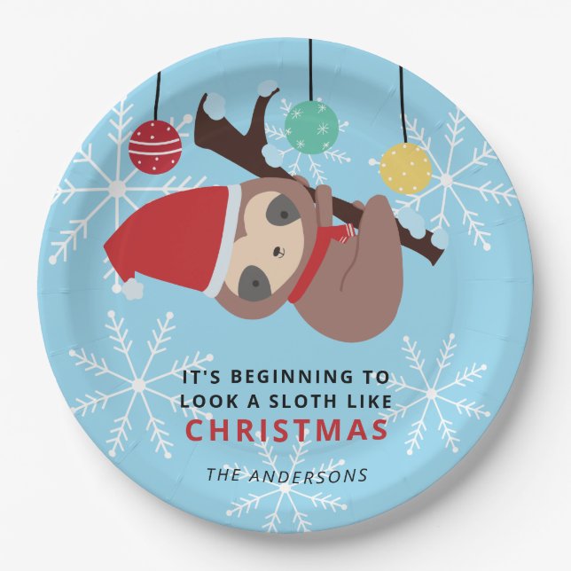 Cute Sloth Christmas Punny Kawaii Holiday Winter  Paper Plate (Front)