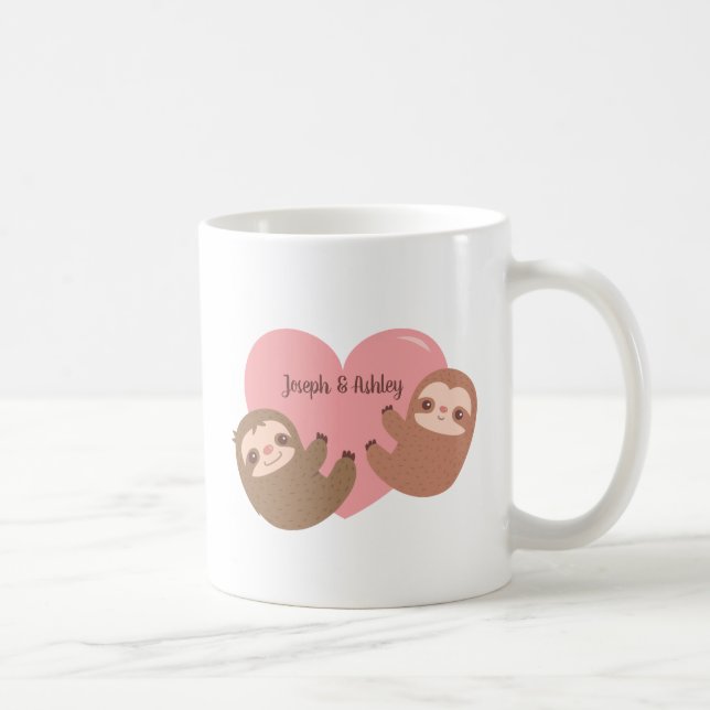 Cute Sloth Couple Hugging Heart, Personalised Coffee Mug (Right)