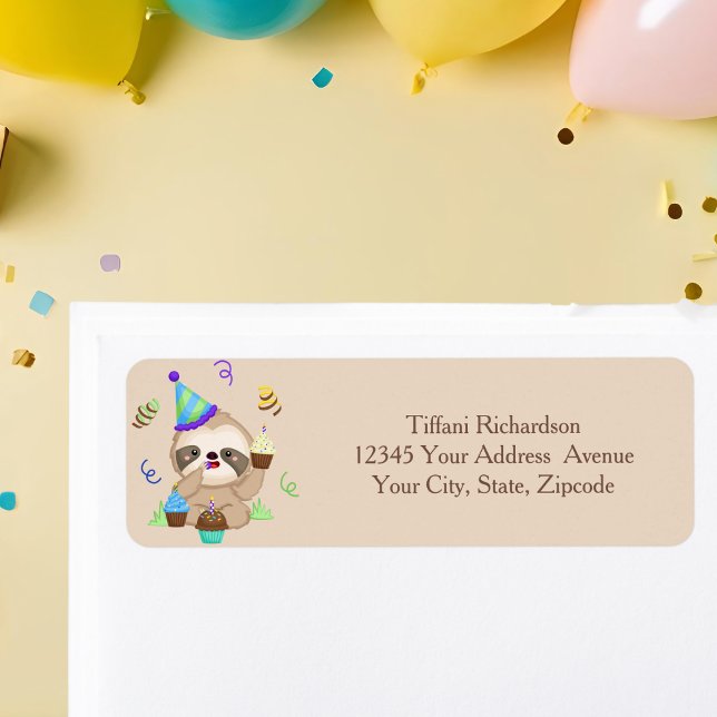 Cute Sloth Cupcake Birthday Party Return Address (Creator Uploaded)