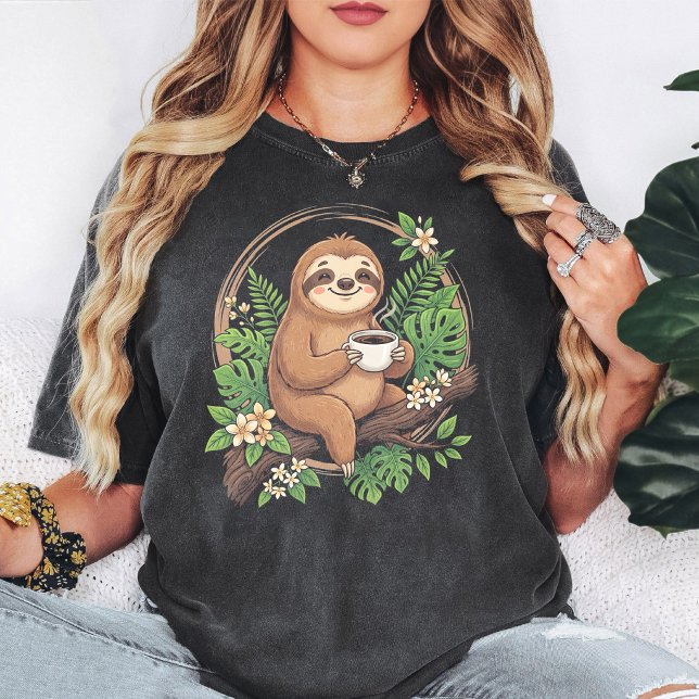 Cute Sloth Drinking Coffee Tropical Jungle T-Shirt (Creator Uploaded)