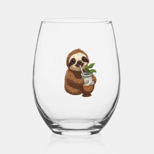 Cute Sloth Drinking Yerba Mate � Adorable Kawaii A Stemless Wine Glass
