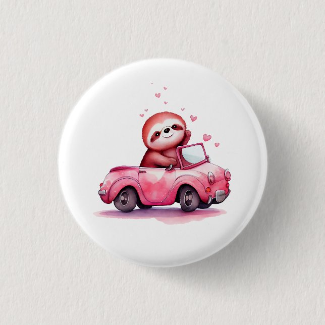 Cute Sloth Driving a Pink Convertible 3 Cm Round Badge (Front)