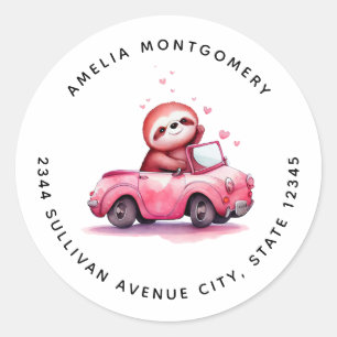 Cute Sloth Driving a Pink Convertible - Address Classic Round Sticker