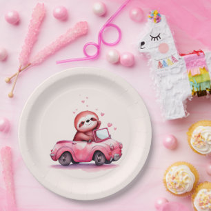 Cute Sloth Driving a Pink Convertible Paper Plate