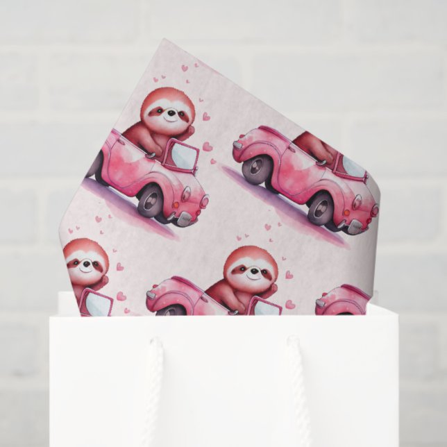 Cute Sloth Driving a Pink Convertible Pattern Tissue Paper (Gift Bag)