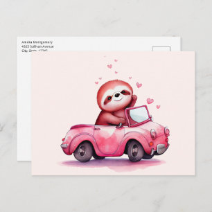 Cute Sloth Driving a Pink Convertible Postcard