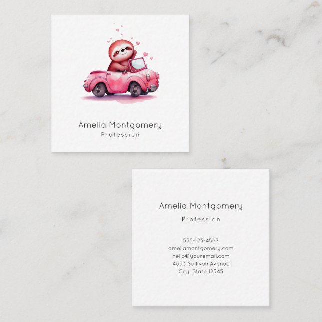 Cute Sloth Driving a Pink Convertible Square Business Card (Front/Back)