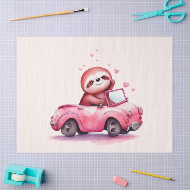 Cute Sloth Driving a Pink Convertible Tissue Paper (Craft)