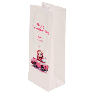 Cute Sloth Driving a Pink Convertible Valentine's Wine Gift Bag