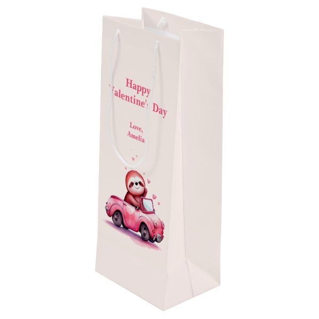 Cute Sloth Driving a Pink Convertible Valentine's  Wine Gift Bag (Back Angled)