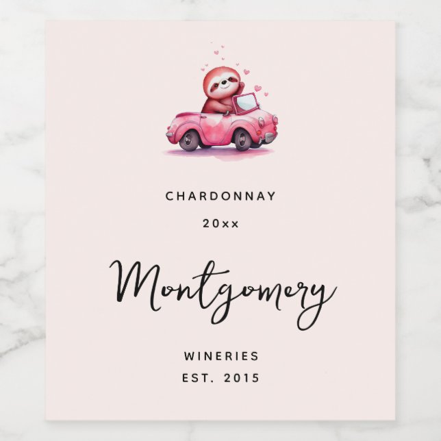 Cute Sloth Driving a Pink Convertible Wine Making Wine Label (Single Label)