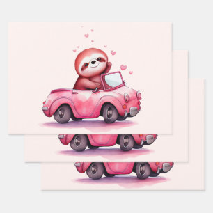 Cute Sloth Driving a Pink Convertible Wrapping Paper Sheet