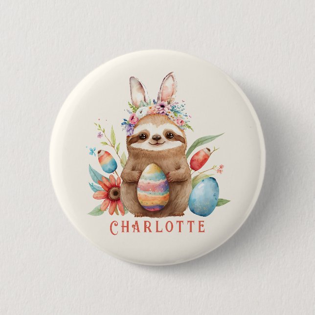 Cute Sloth Easter Bunny Rabbit Eggs Name 6 Cm Round Badge (Front)