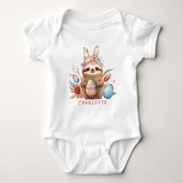 Cute Sloth Easter Bunny Rabbit Eggs Name Baby Bodysuit (Front)