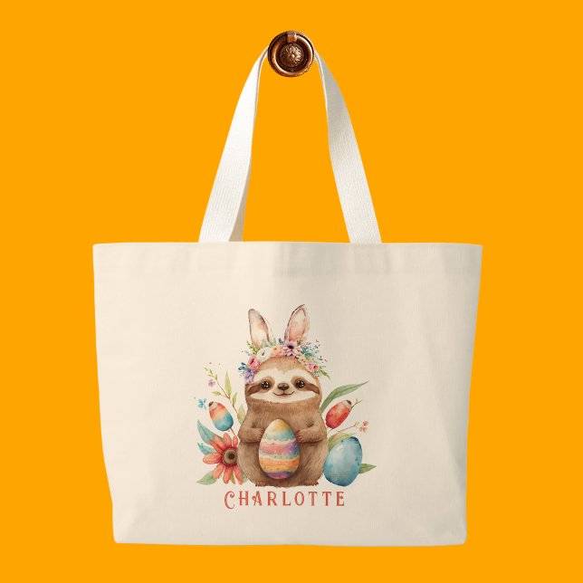 Cute Sloth Easter Bunny Rabbit Eggs Name Large Tote Bag (Creator Uploaded)