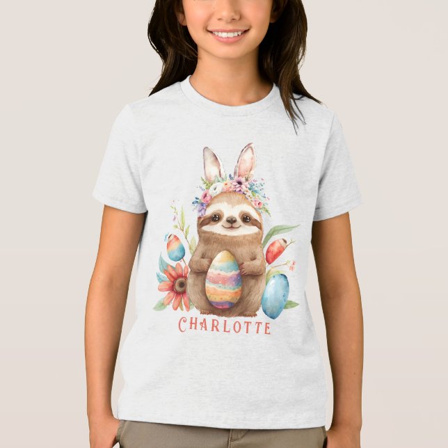 Cute Sloth Easter Bunny Rabbit Eggs Name Tri-Blend Shirt (Front)
