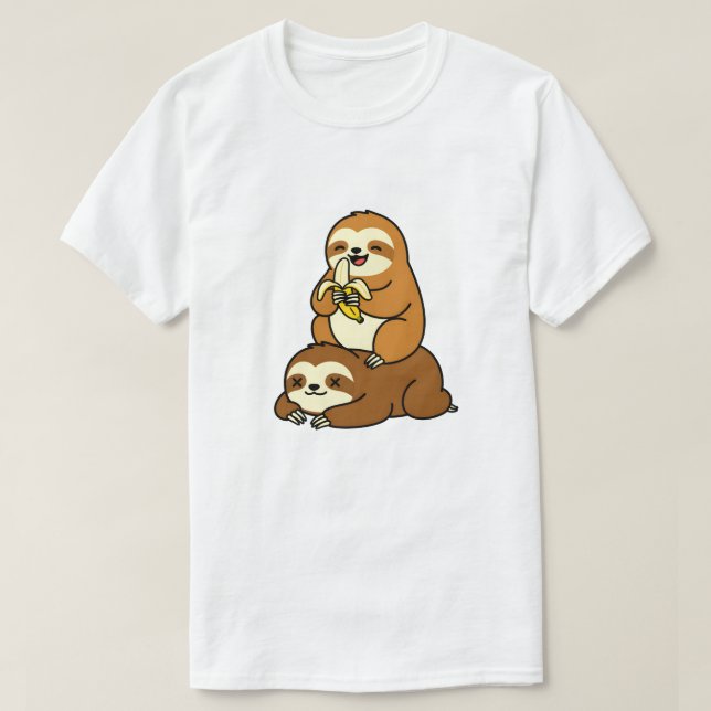 Cute Sloth Eating Banana on Lazy Sloth Funny Carto T-Shirt (Design Front)
