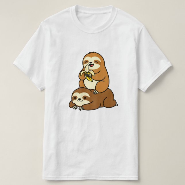 Cute Sloth Eating Banana on Lazy Sloth Funny Carto T-Shirt (Design Front)