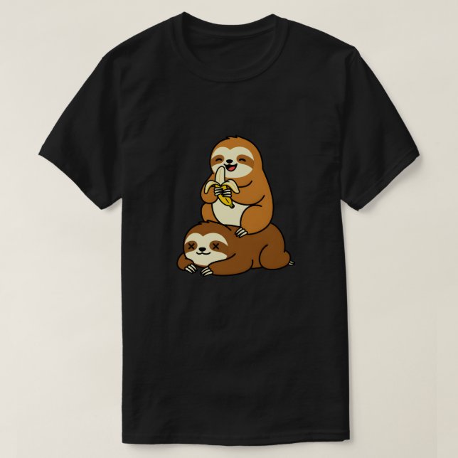 Cute Sloth Eating Banana on Lazy Sloth Funny Carto T-Shirt (Design Front)