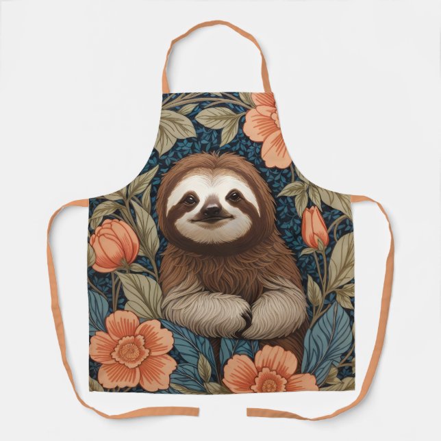 Cute Sloth Elegant Floral William Morris Inspired Apron (Front)
