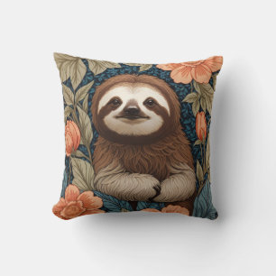Cute Sloth Elegant Floral William Morris Inspired Cushion