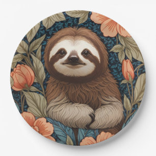 Cute Sloth Elegant Floral William Morris Inspired Paper Plate