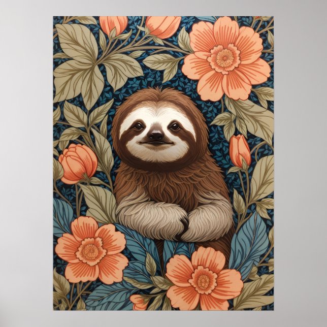 Cute Sloth Elegant Floral William Morris Inspired Poster (Front)