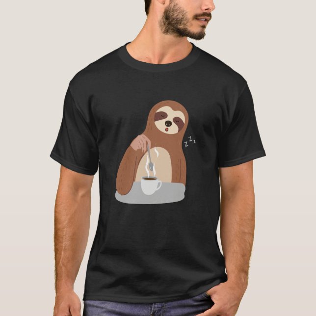 Cute Sloth Falls Asleep Coffee Lazy Monday Morning T-Shirt (Front)