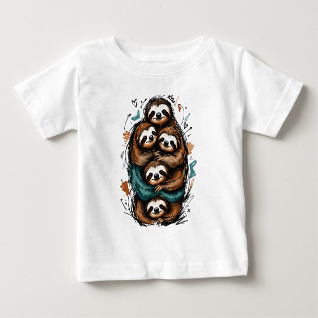 Cute Sloth Family Stack – Funny Hand-Drawn Baby T-Shirt (Front)
