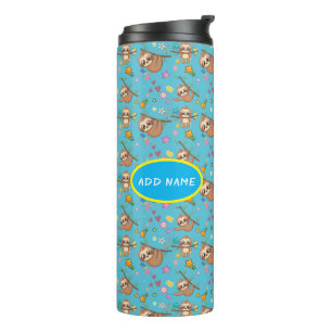 Cute Sloth Flowers Blue Pattern Stars Template Thermal Tumbler