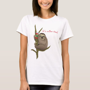 Cute Sloth Funny Cartoon With Coffee Cup Drawing T-Shirt