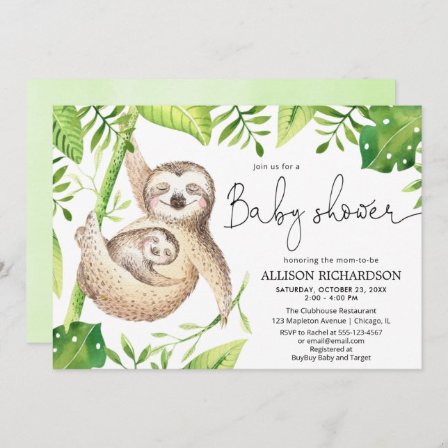 Cute sloth gender neutral greenery baby shower invitation (Front/Back)