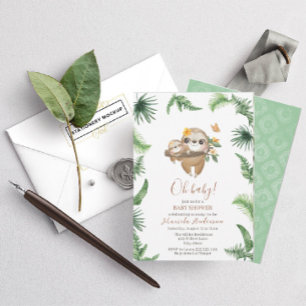 Cute Sloth Greenery Watercolor Baby Shower Invitation