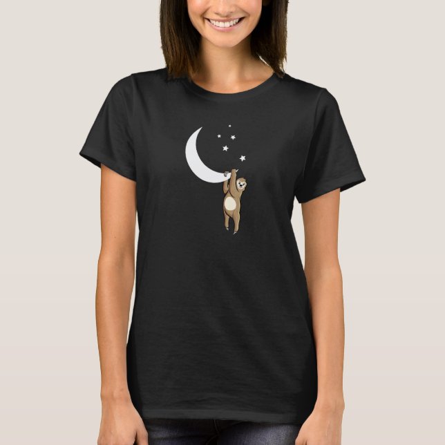 Cute Sloth Hanging From a Half Moon In Outer Space T-Shirt (Front)