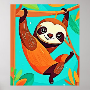 Cute Sloth Hanging in Jungle Poster